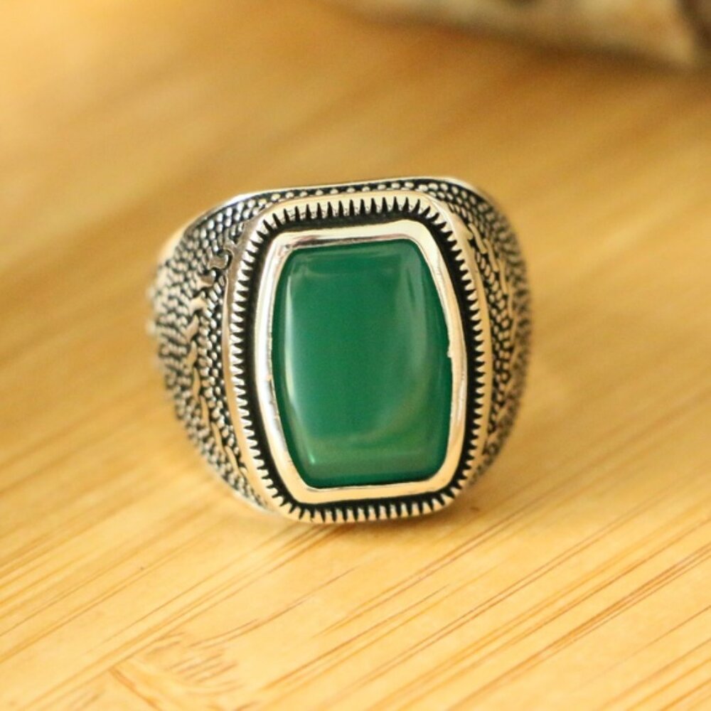 925 Sterling Silver Green Agate Stone Men's rings - Picture 2 of 6